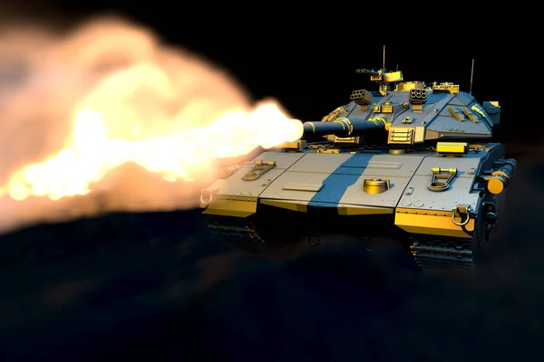 Militaire 3d Illustratie van geïsoleerde grijze zware tank met niet bestaand ontwerp in oorlog, hoge resolutie overwinningsdag concept op zwarte rook achtergrond — Stockfoto