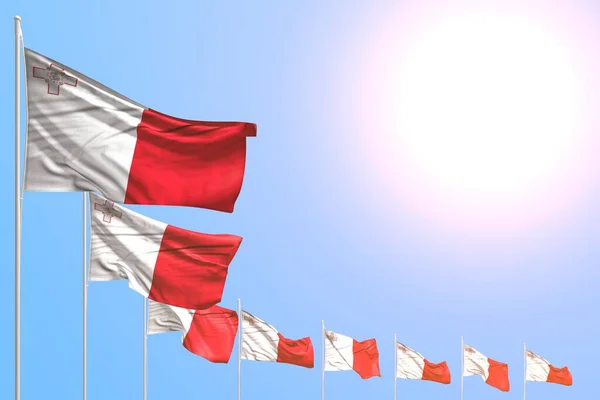 Harika birçok Malta bayrakları mavi gökyüzüne yazı için yer olan köşegen yerleştirildi - herhangi bir kutlama bayrağı 3d illüstrasyon — Stok fotoğraf
