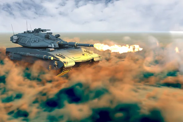 Moderner Panzer mit nicht vorhandenem Design im Kampf in der Wüste, detailliertes patriotisches Konzept - militärische 3D-Illustration — Stockfoto