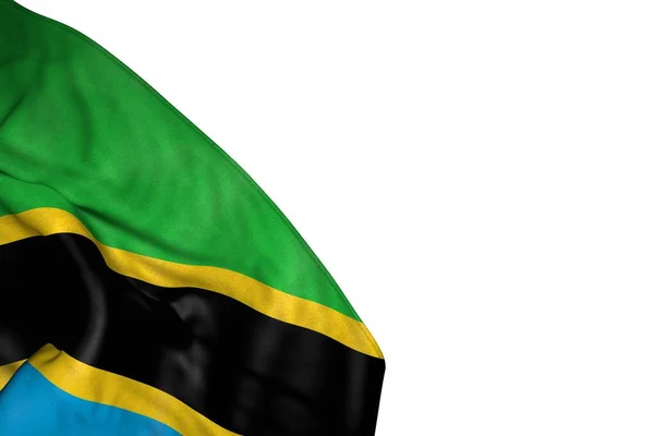 Aranyos Tanzánia zászló nagy redők feküdt alsó bal sarokban elszigetelt fehér - bármilyen ünneplés zászló 3d illusztráció — Stock Fotó