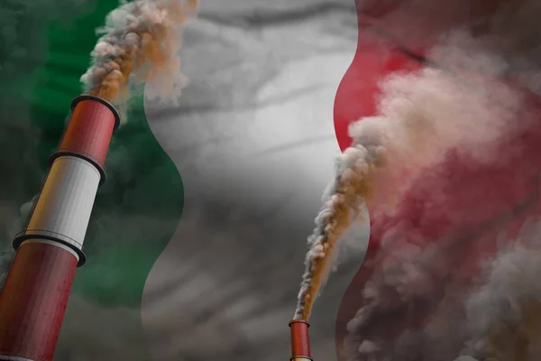 意大利污染治理概念-两个大工厂管道在国旗背景下浓烟，工业3D插图 — 图库照片