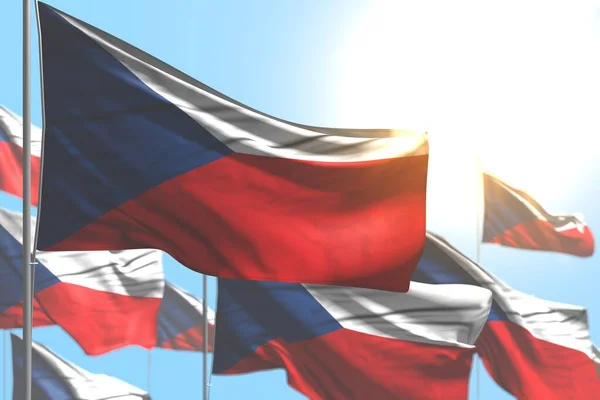 Bonito muitas bandeiras da Tchecoslováquia estão acenando contra foto céu azul com foco suave - qualquer bandeira festa ilustração 3d — Fotografia de Stock