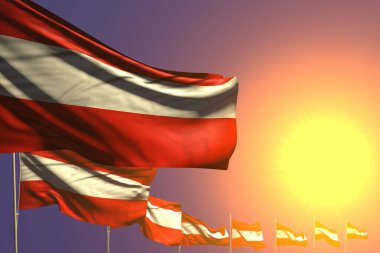 Güzel Avusturya bayrakları günbatımında köşegen şeklinde ve metniniz için yer açıyordu - herhangi bir bayrak 3d resmi