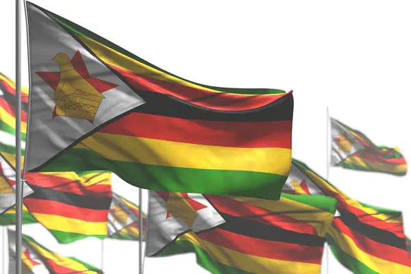 Assez nombreux drapeaux du Zimbabwe agitent isolé sur blanc - illustration avec mise au point sélective - tout drapeau de fête illustration 3D — Photo