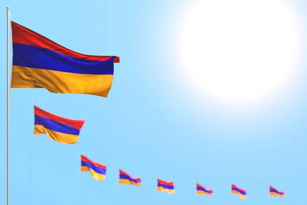 Bonito muitas bandeiras Armênia colocado diagonal com foco suave e espaço livre para o seu texto - qualquer bandeira de férias ilustração 3d — Fotografia de Stock