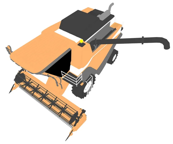 Industriële 3D-illustratie van Cartoon gekleurde 3D-model van Oranje boerderij combineren Harvester met graan pijp op wit, illustraties voor voedselproductie — Stockfoto