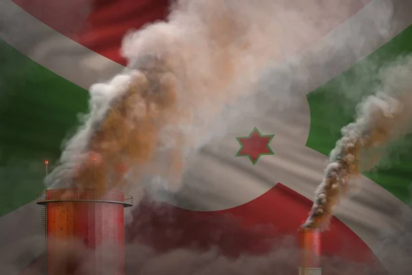dense smoke of industrial pipes on Burundi flag - global warming concept, background with place for your content - industrial 3D illustration