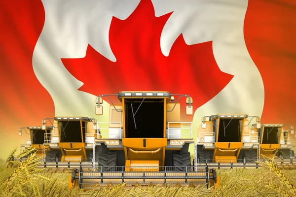 Ilustración industrial 3D de una gran cantidad de agricultura amarilla cosechadoras combinan en el campo de grano con el fondo de la bandera de Canadá - vista frontal, dejar de concepto de hambre — Foto de Stock