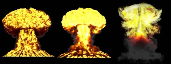 3D illustration of explosion - 3 large very detailed different phases mushroom cloud explosion of nuclear bomb with smoke and fire isolated on black — Zdjęcie stockowe