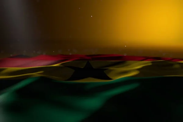Beautiful dark photo of Ghana flag lying flat on yellow background with bokeh and empty space for your content - any holiday flag 3d illustration — Stock Photo, Image
