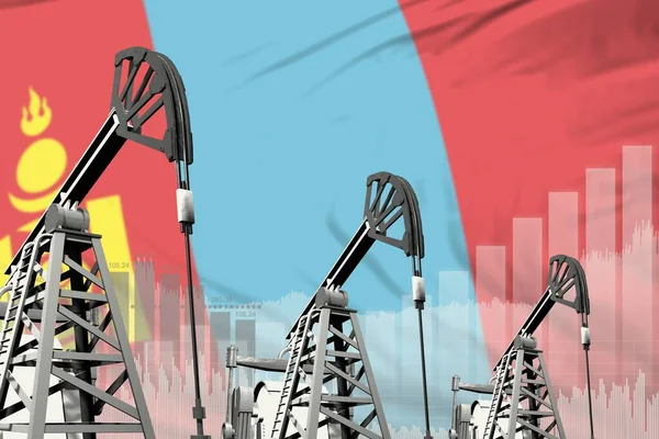 Petrol kuyularının endüstriyel çizimi - Moğolistan petrol endüstrisi kavramı bayrak arka planında. 3d Görüntü — Stok fotoğraf