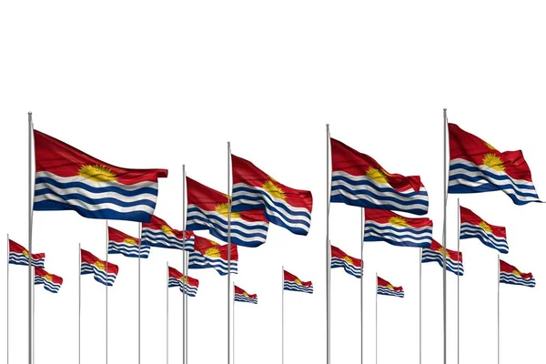 Beautiful many Kiribati flags in a row isolated on white with empty space for content - any feast flag 3d illustration — ストック写真