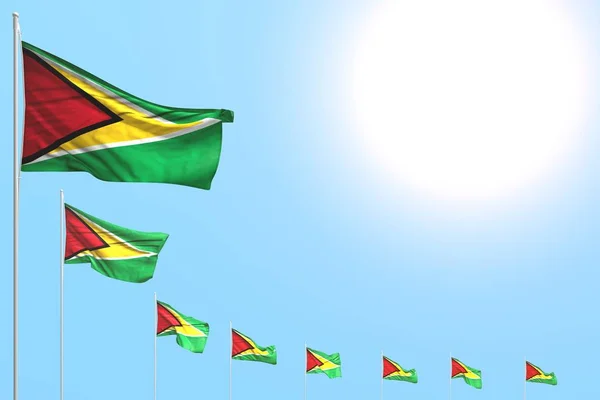 Mignon de nombreux drapeaux Guyana placés en diagonale sur le ciel bleu avec de l'espace pour votre contenu - toute occasion drapeau illustration 3D — Photo