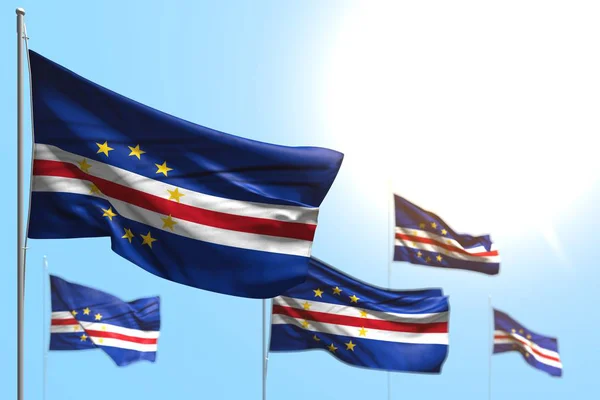Maravilhoso 5 bandeiras de Cabo Verde são onda contra imagem céu azul com foco seletivo - qualquer ocasião bandeira ilustração 3d — Fotografia de Stock