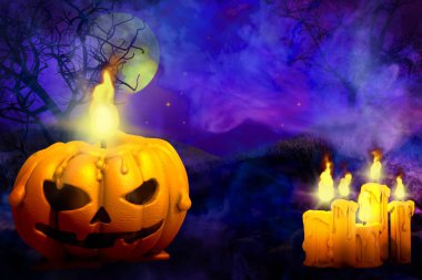 Cadılar Bayramı çok renkli, koyu renk bir gece arkaplanı. Arka plan tasarımı. Sol tarafında balkabağı mumu ve sağ tarafında mum olan 3D tasarım.