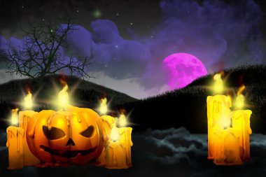 Cadılar Bayramı çok renkli korku arkaplanı - arkaplan tasarımı solda balkabağı mumu ve sağda birçok mum, tatil konsepti