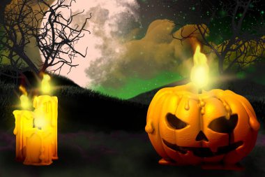 Cadılar Bayramı canlı, sevimli, karanlık gece arkaplanı. Arka plan tasarımı, solda mumlar, sağda balkabağı şeklinde mumlar, karanlık konseptte fenerler.