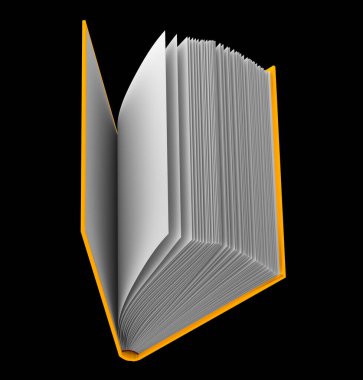 Nesnenin 3 boyutlu çizimi - yüksek çözünürlüklü turuncu kitap yarı açık, bilgi günü konsepti siyah üzerine izole edilmiş