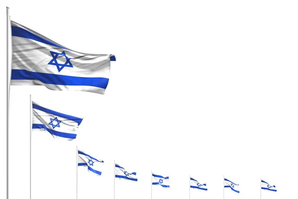 Pretty many Israel flags placed diagonal isolated on white with place for your content - any celebration flag 3d illustration — Stock Photo, Image