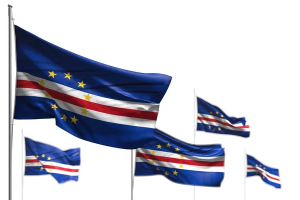 nice five flags of Cabo Verde are wave isolated on white - picture with selective focus - any feast flag 3d illustration