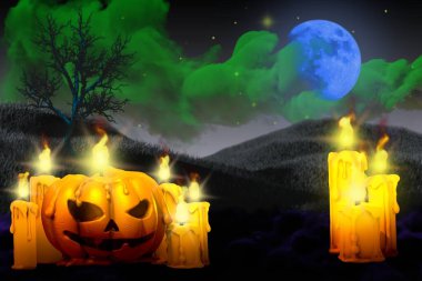 Cadılar Bayramı renkli sevimli karanlık gece modeli - arka plan tasarım şablonu sol tarafında balkabağı mumu ve sağ tarafında birçok mum, jack-o-fener konsepti