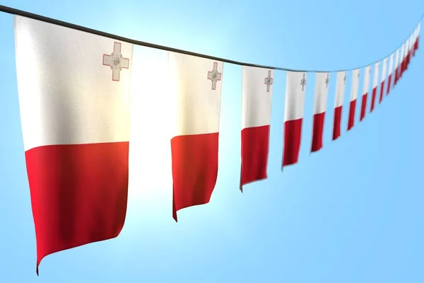 Mignon de nombreux drapeaux de Malte ou bannières suspendues en diagonale sur une corde sur fond bleu ciel avec un accent doux - tout drapeau de célébration illustration 3d — Photo