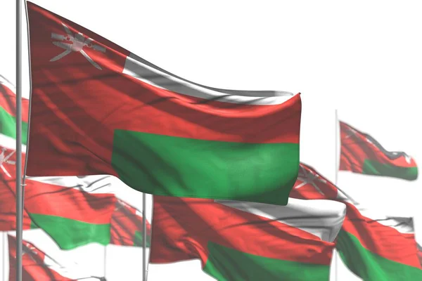 Aranyos sok Omán zászlók hullám elszigetelt fehér - kép bokeh - bármilyen ünnep zászló 3d illusztráció — Stock Fotó