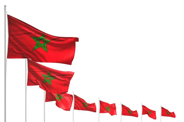Ładne wiele marokańskie flagi umieszczone po przekątnej na białym z miejscem na treści - każda flaga święta 3d ilustracja — Zdjęcie stockowe
