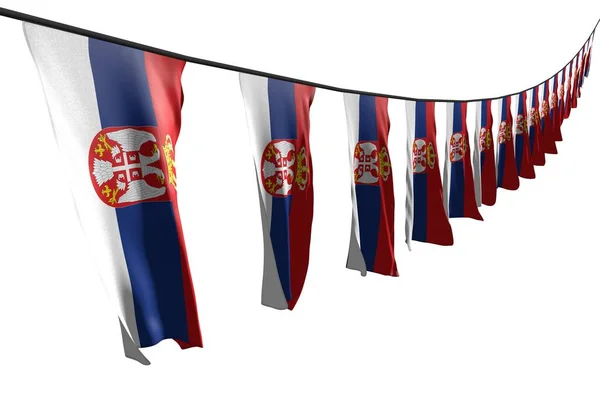 Agradável muitas bandeiras Sérvia ou bandeiras penduradas diagonal com perspectiva vista sobre corda isolada no branco - qualquer bandeira festa ilustração 3d — Fotografia de Stock