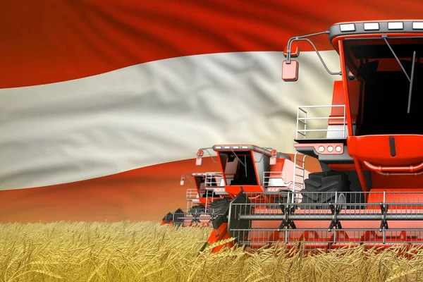 Illustration 3D industrielle de trois moissonneuses-batteuses modernes rouges avec drapeau autrichien sur le terrain agricole - vue de près, concept agricole — Photo