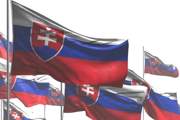 Vackra många Slovakien flaggor viftar isolerat på vitt - någon fest flagga 3d illustration — Stockfoto