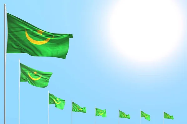 nice many Mauritania flags placed diagonal on blue sky with space for your content - any occasion flag 3d illustration