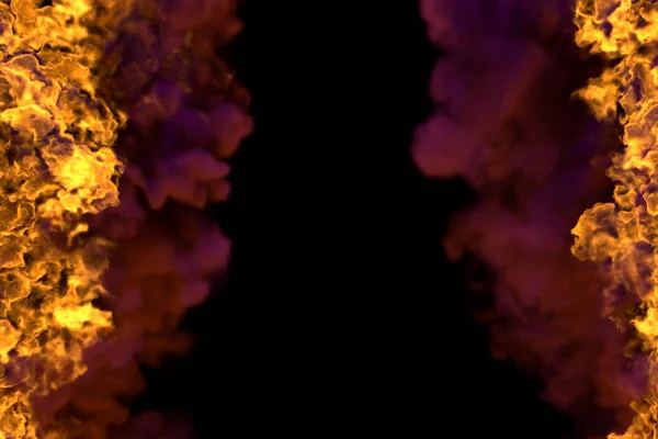 Пылающий дикий огонь с темным дымовой рамой изолирован на черном фоне - линии огня слева и справа, сверху и снизу пусты - пожарная 3D иллюстрация — стоковое фото