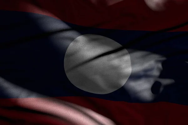 Boa ilustração da bandeira escura da República Democrática Popular do Laos com dobras deitadas em sombras com manchas de luz nele qualquer bandeira de celebração ilustração 3d — Fotografia de Stock