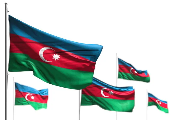 Beautiful five flags of Azerbaijan are wave isolated on white - illustration with selective focus - any occasion flag 3d illustration — Stock Photo, Image