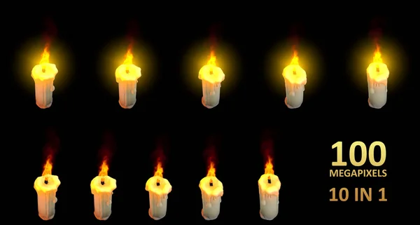 Vysoce detailní bílé voskové svíčky izolované na tmavém pozadí, se světlicí čočkou a bez ní - 3D ilustrace objektu — Stock fotografie