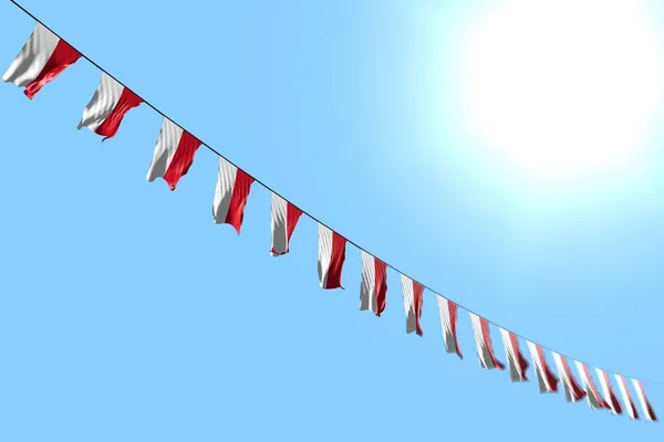 Belle de nombreux drapeaux ou bannières Indonésie pend en diagonale sur la corde sur fond de ciel bleu avec bokeh - tout drapeau de fête illustration 3d — Photo