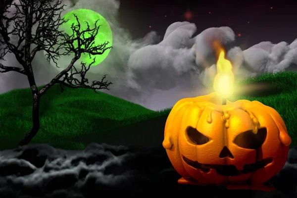 Halloween vivida trama notte scura raccapricciante - disegno di sfondo modello 3D illustrazione con spazio libero a sinistra e candela in stile zucca a destra, jack-o-lanterna concetto — Foto Stock