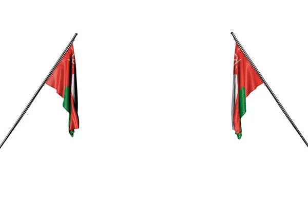 Mooie twee Oman vlaggen hangt op diagonale palen van twee zijden geïsoleerd op wit - elke gelegenheid vlag 3d illustratie — Stockfoto