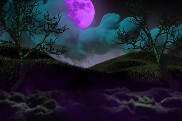 Halloween barevné strašidelné tmavé noci mockup - pozadí design šablony 3D ilustrace s volným místem na levé a volné místo na pravé, trik nebo léčit koncept — Stock fotografie