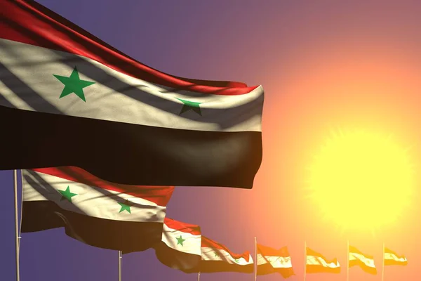 Πολλές σημαίες της Αραβικής Δημοκρατίας της Συρίας τοποθετημένες διαγώνια στο ηλιοβασίλεμα με θέση για κείμενο - οποιαδήποτε σημαία διακοπών 3d εικονογράφηση — Φωτογραφία Αρχείου