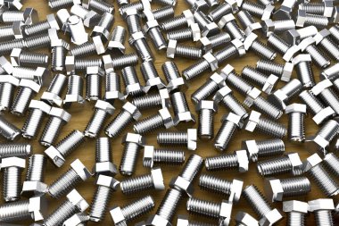 Ahşap masadaki civatalar - sevimli endüstriyel 3D illüstrasyon, sanat için kullanılan resim 