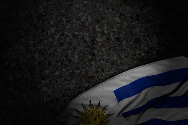 Meravigliosa immagine scura della bandiera Uruguay con grandi pieghe su asfalto scuro con spazio libero per il tuo testo - qualsiasi occasione bandiera 3d illustrazione — Foto Stock