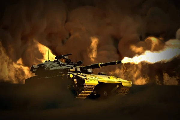 Tanque de camuflaje forestal con diseño ficticio en brotes de lucha con fuego y humo alrededor, concepto patriótico - Ilustración 3D militar —  Fotos de Stock