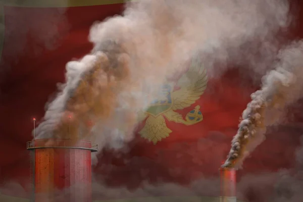 Ciężki dym z kominów przemysłowych na fladze Czarnogóry - koncepcja globalnego ocieplenia, tło z miejscem na logo - ilustracja 3d przemysłowej — Zdjęcie stockowe