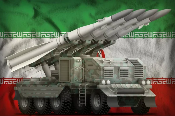 Misil balístico táctico de corto alcance con camuflaje ártico en el fondo de la bandera nacional de Irán. Ilustración 3d — Foto de Stock