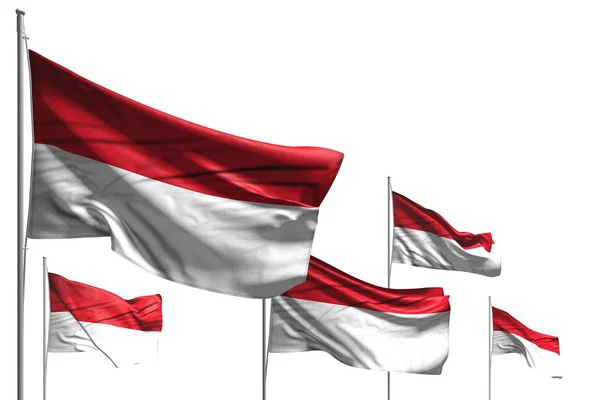 Prachtige vijf vlaggen van Indonesië zijn golf geïsoleerd op wit - elke feestvlag 3d illustratie — Stockfoto