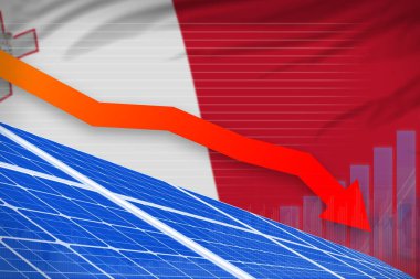 Malta güneş enerjisi enerji azaltma şeması, ok aşağı - yeşil doğal enerji endüstriyel illüstrasyon. 3d Görüntü