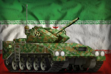 İran bayrağının arka planında yaz kamuflajı olan hafif tank aparatı. 3d Görüntü