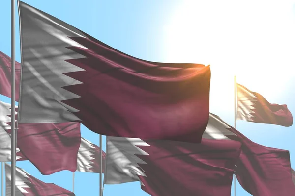 nice many Qatar flags are wave on blue sky background - any holiday flag 3d illustration